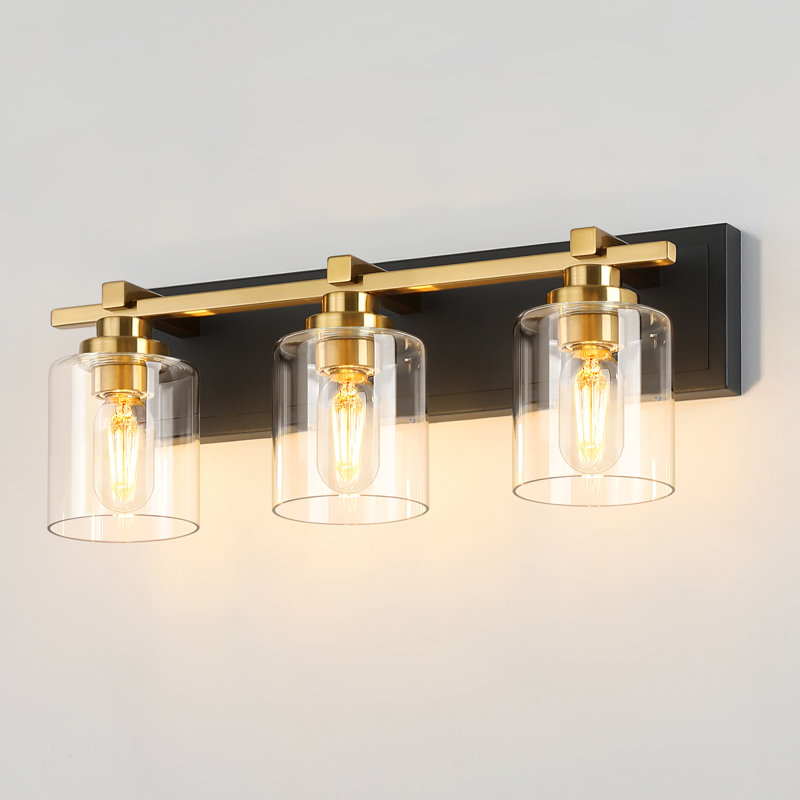 Luminaire de salle de bain moderne 3 lumières au-dessus du miroir, lumières de meuble-lavabo or noir, abat-jour en verre transparent, douille E26 (ampoules non incluses)