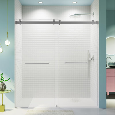 68-72 Inches*76 Inches Frameless Double Sliding Shower Door, 3/8Inches (10Mm) Thick SGCC Tempered Glass Door, Brushed Nickel (Without Soft-Close)