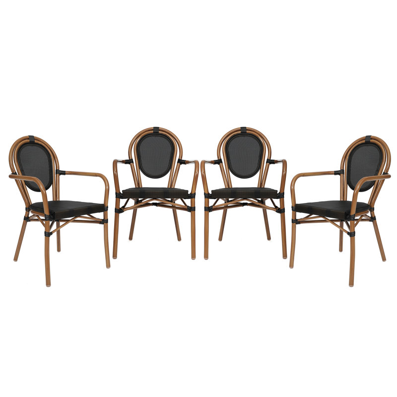 Chiles Stacking All-Weather Commercial Paris Chairs with Arms and Metal Frames, Black/Natural