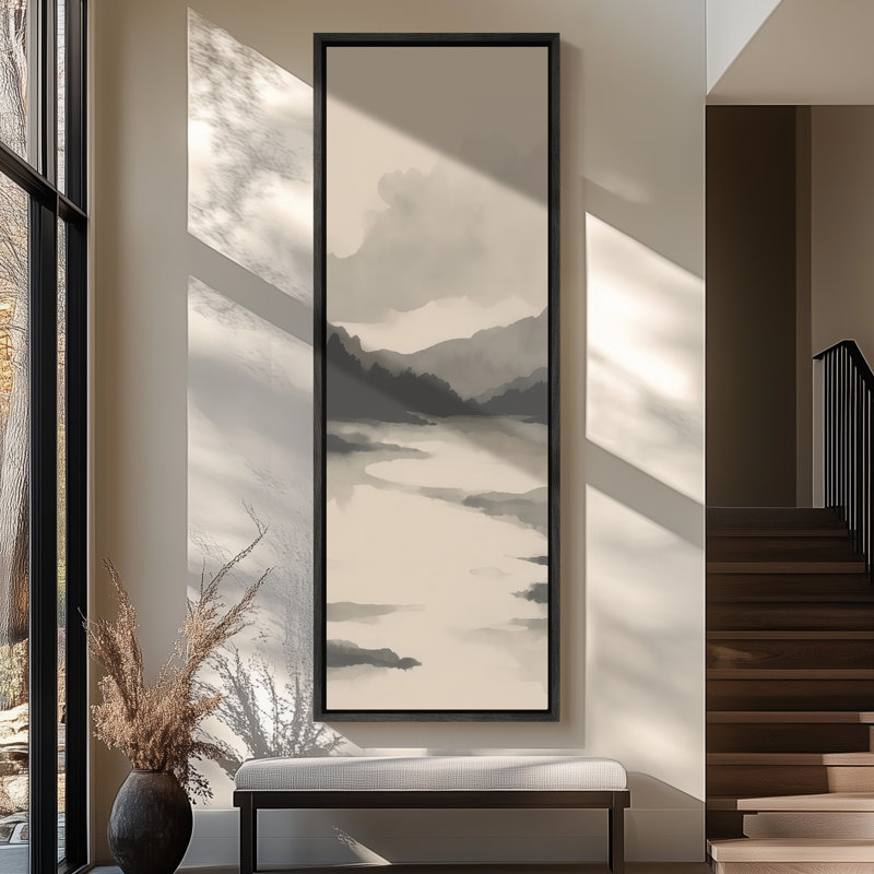 Art mural sur toile Soft sépia Mountain Lake - Paysage serein naturel pour des intérieurs rustiques ou contemporains, Noir