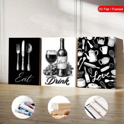 «Eat Drink Love», reproduction sur toile 3 pièces pour un décor de salle à manger minimaliste