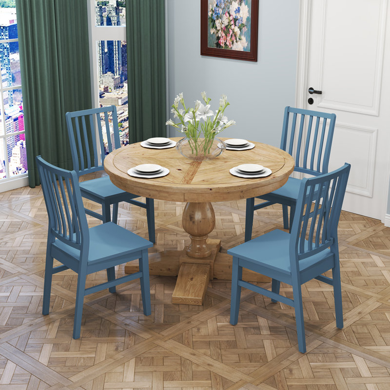 5-Piece Dining Set Mid-Century Modern Wooden Table & Upholstered Chair Set For Home, Kitchen, Dining Room, Blue, Natural