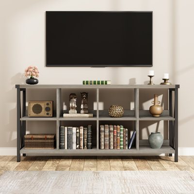 Industrial 8-Cube Storage Console Table – 62" Long Low Bookcase, 3-Tier Metal Frame, Multi-Functional Sofa Side Table for Living Room, Entryway, or Office – Grey