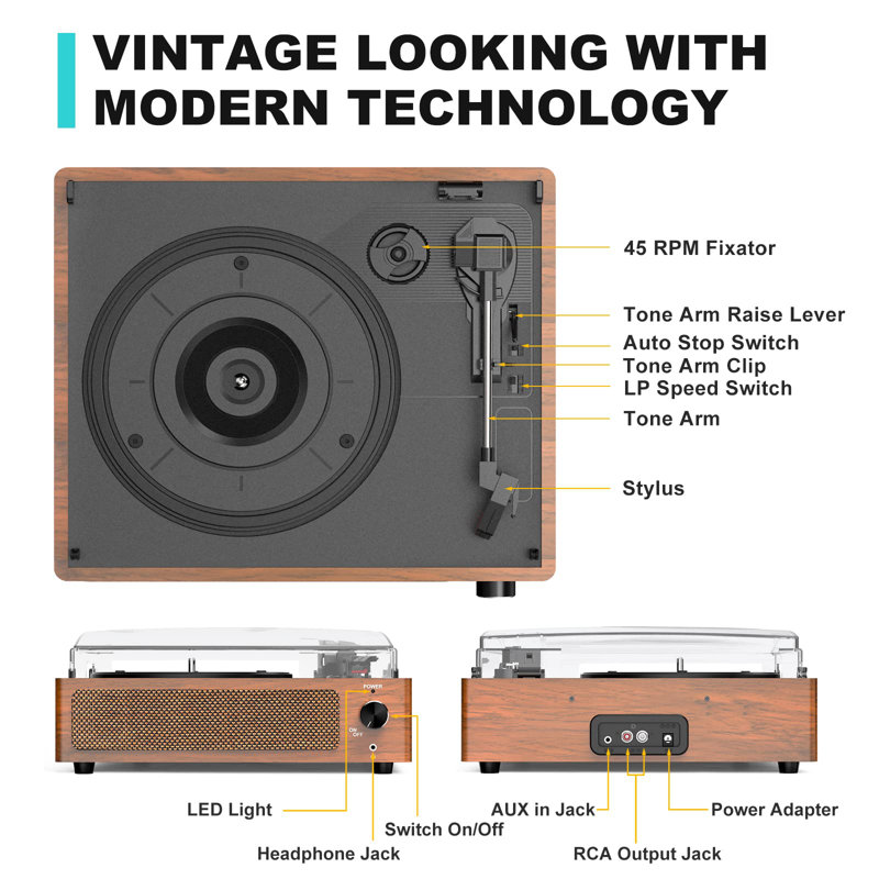 Vintage Brown Belt-Driven Turntable with Built-in Speakers