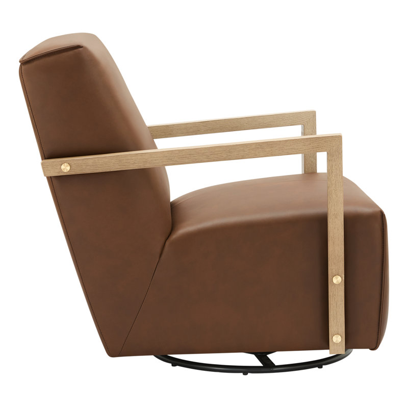 Ricki Wood Arm Swivel Accent Chair, Hearth Brown Genuine Leather