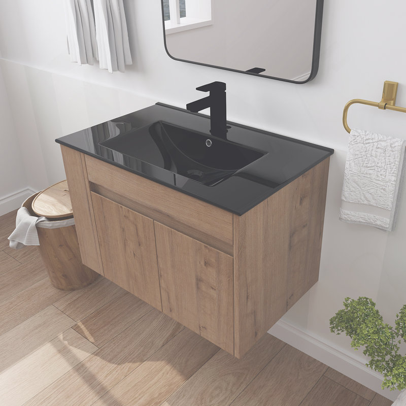 Meuble-lavabo de salle de bain avec lavabo en céramique blanc et tablette ajustable, Noir