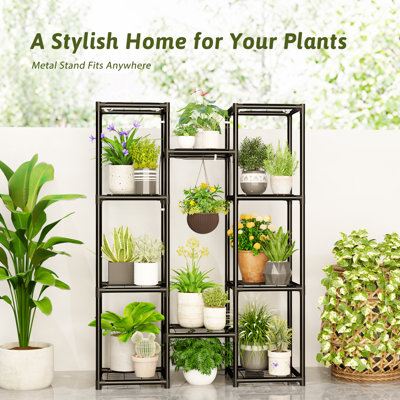 Metal Plant Stand with Grow Lights - Indoor/Outdoor Multi-Tier Flower Pot Holder, Black