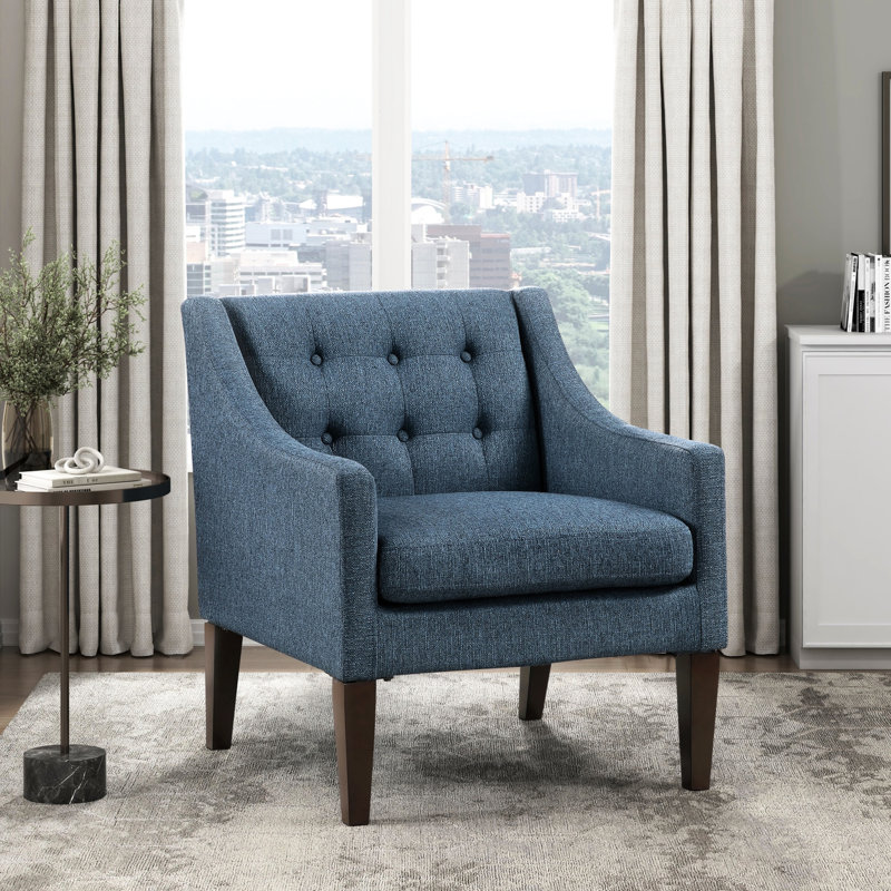 Bouton bleu - modèle de chaise de salon, structure en contreplaqué, rembourrage en mousse haute, revêtement en tissu texturé, housse de siège à fermeture à glissière amovible, pieds en bois d'hévéa brun, capacité de poids de 300 lb pour la pièce,