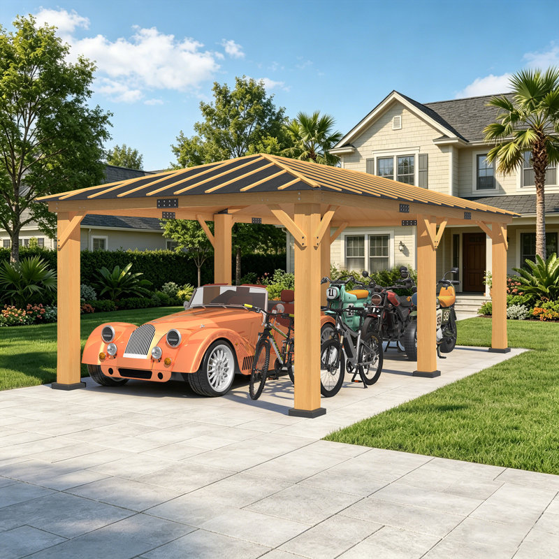 20 Ft. W x 14 Ft. D  Wood Carport with Asphalt Roof, Hardtop Carport with Solid Wood Frame, Heavy-Duty Vehicle Shelter for Cars, SUVs & Outdoor Storage