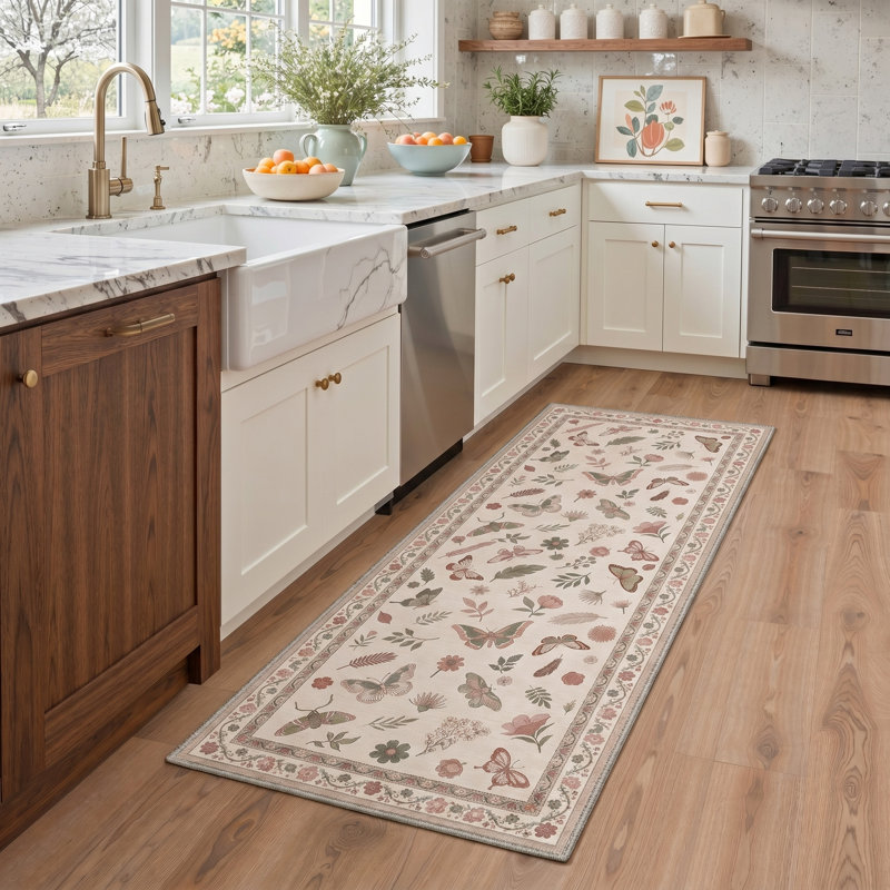 Adonis Seraph Floral Machine Washable Beige / Green / Pink Indoor Area Rug with Non-Slip Backing, Runner 2' x 7'