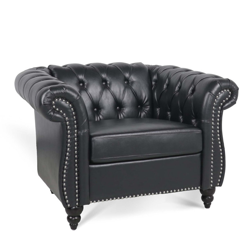 Fauteuil capitonné Chesterfield, Similicuir noir, Noir