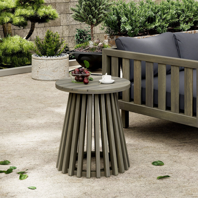 Wood Patio Side Table In Grey Finish, 16.11 - Inch Width, Ample Room For Essentials, Quick Assembly Round Coffee Grey, 17.83 Height, Suitable Balcony Relaxation