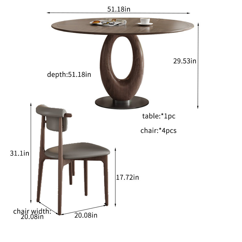 Ensembles de table de salle à manger vintage en bois massif., H 29,53 po x L 51,18 po x l 51,18 po