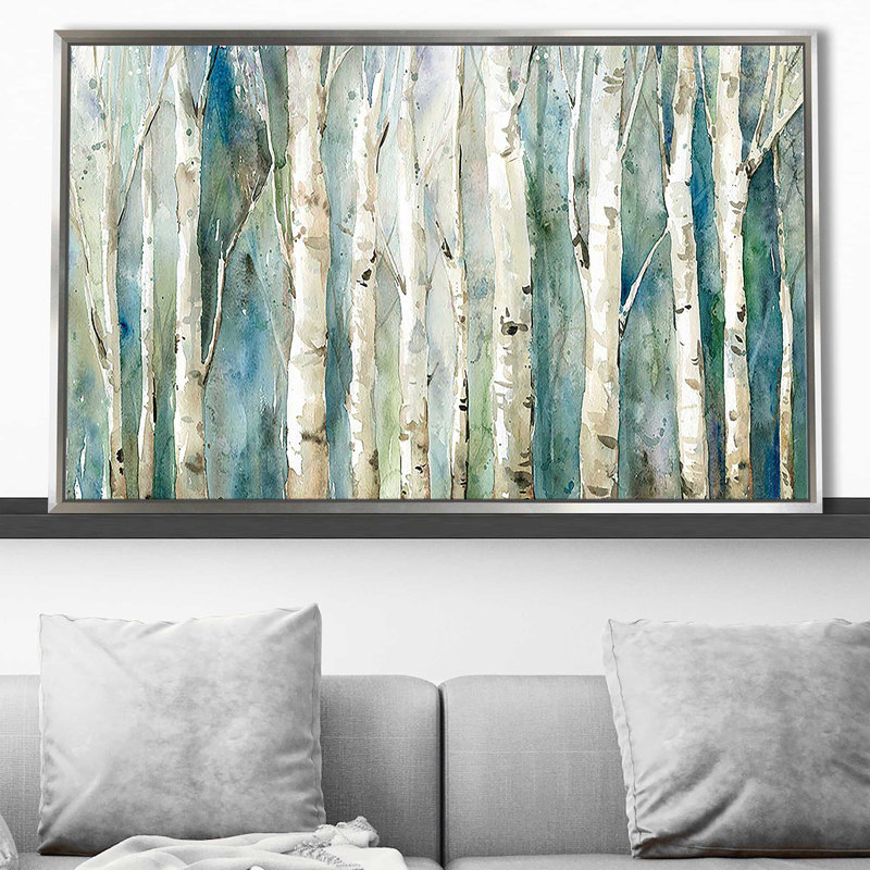 Birch River Walk par Carol Robinson - Peinture, Cadre flottant argent, H 31,5 po x l 51,5 po, Argent argent