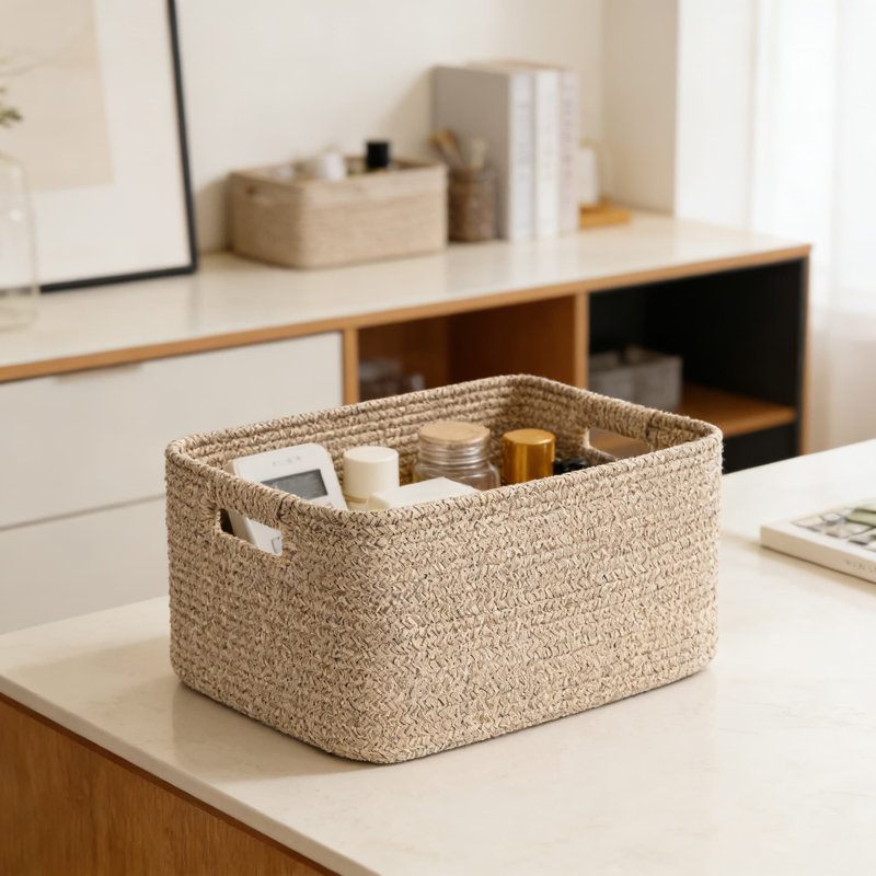 Grand panier de rangement tissé en paquet de 2 avec poignées, bac de rangement en corde de coton pliable pour tablettes, placard, cuisine, jouets et rangement