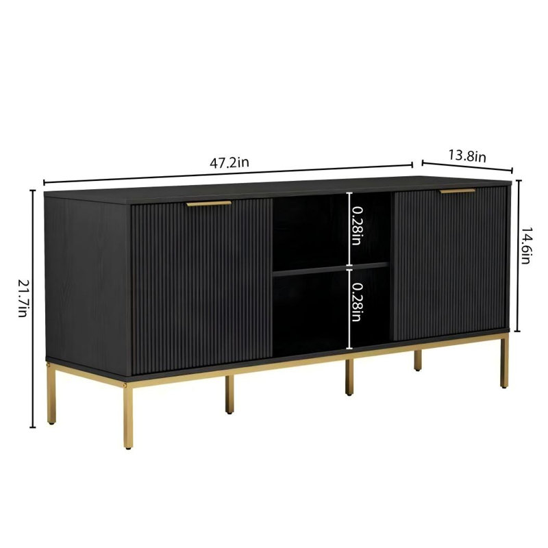 Meuble télé avec pieds Modernes en forme de vague avec pieds et poignées décoratifs en métal, avec charnières à fermeture en douceur, tablette ouverte et tablettes de rangement intérieures réglables