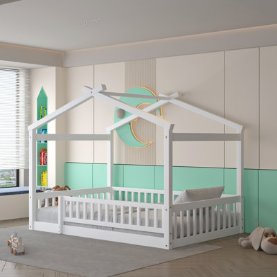 Mirian Solid Wood Youth Bed with Fence, House Bed, Platform Bed
