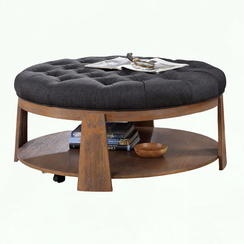 Repose-pieds capitonné de style transitionnel à assise profonde en lin avec tablette ouverte ton naturel / gris foncé | Structure en bois | Noyer brun