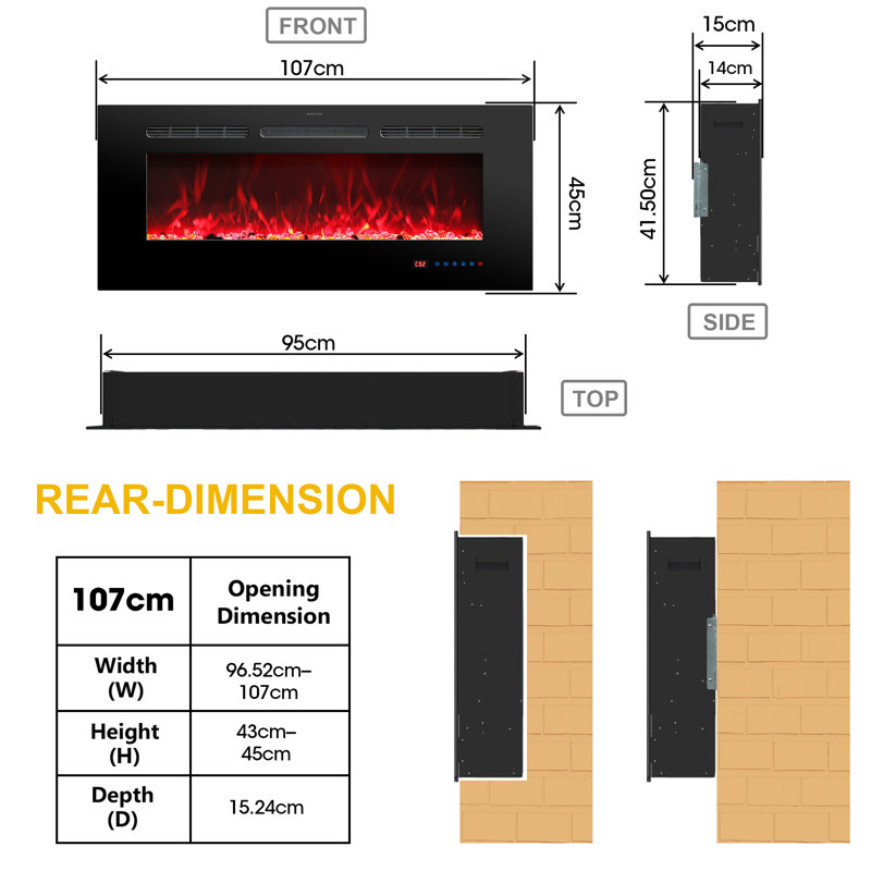 Electric Fireplace with Remote & Touch Screen Control, Electric Fireplace Mounted Recessed, 13 LED Color Flame Effect, 2 Heat Settings 750W/1500W, Timer, Overheat Protection