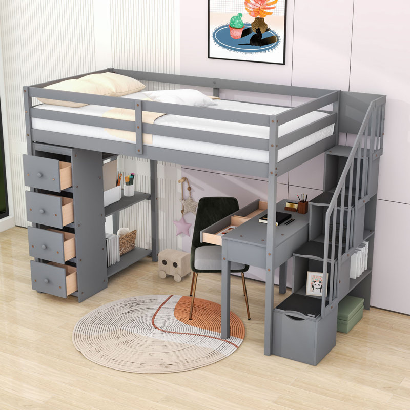 Heuss Kids Twin Loft Bed with Drawers, Gray