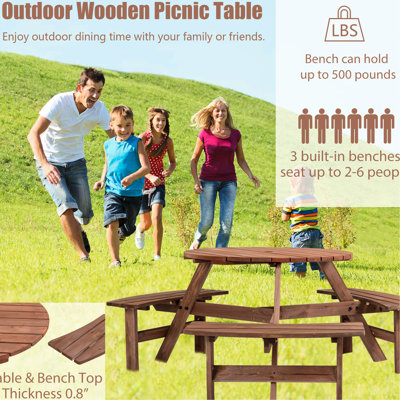 6 tables de pique-nique pour le jardin, patio - plateau de table 35,43 po, 3 bancs, capacité de 1720 lb, abat-jour brun pour l'extérieur