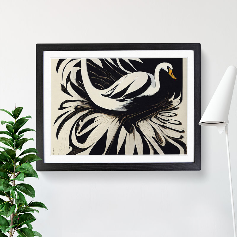 Timeless Abstract Swan - Single Picture Frame Painting, 25cm H x 34cm W x 2cm D, Black