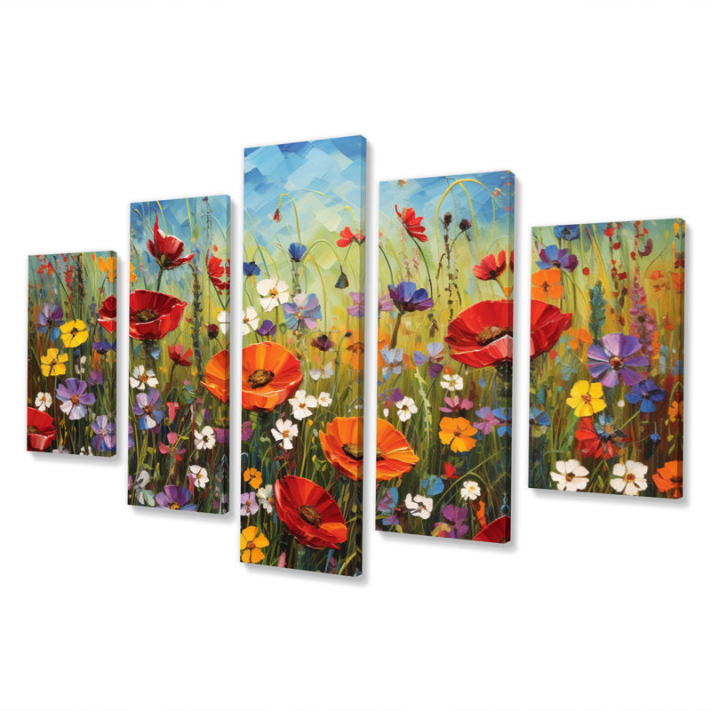 Fleurs abstraites et fleurs colorées «I» - décoration murale florale - 5 panneaux