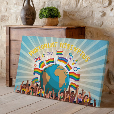 Canvas A Vibrant And Dynamic Scene Depicting A Diverse Crowd Gathered Wall Art Around A Large Stylized Globe Symbolizing Unity And Canvas Wall Art