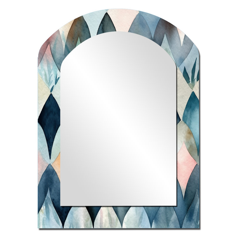 «Blue Abstracted Mapping of Forms III - Geometric Arch Large Mirror», art mural en métal, 34 po x 25 po