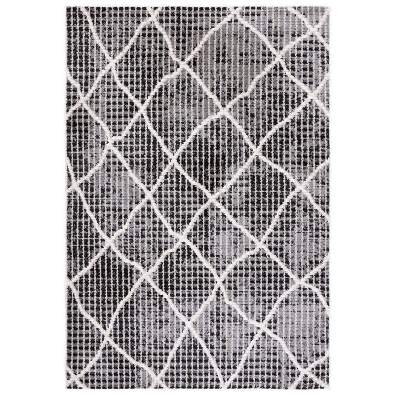 Tapis rectangulaire en polyester tissé à la machine à motif géométrique gris anthracite / ivoire / gris