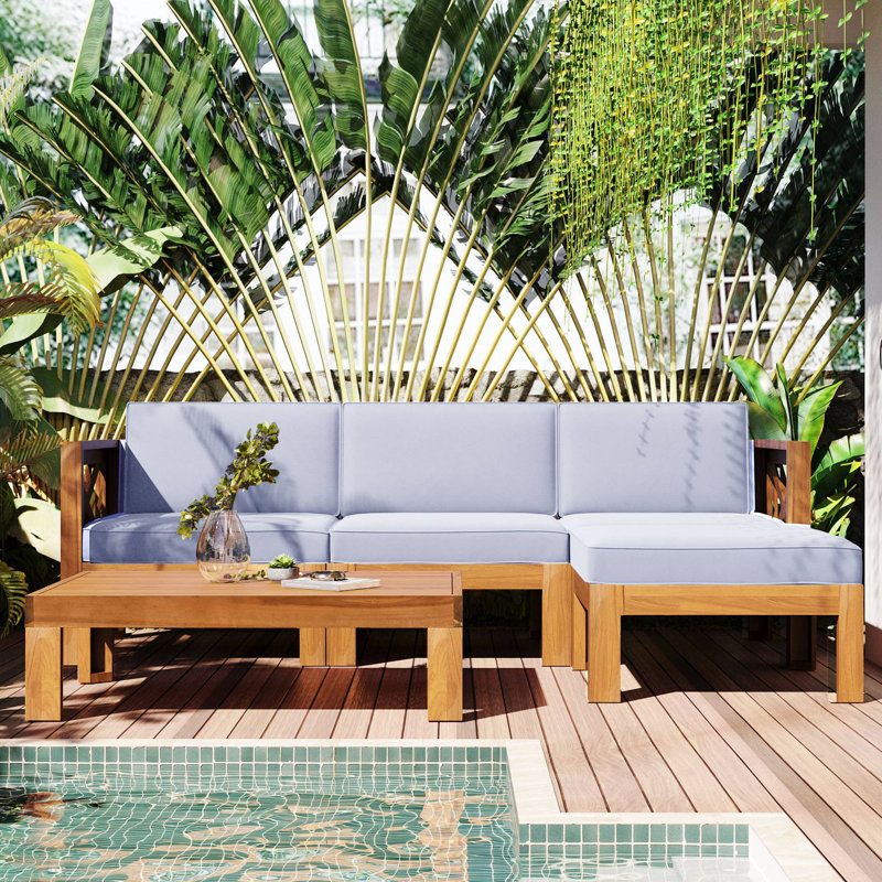 Ensemble de conversation modulaire en bois pour terrasse 5 pièces avec coussins, finition naturelle et coussins gris Topmax