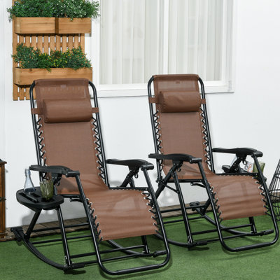Ensemble de 2 chaises berçantes d'extérieur, chaise berçante inclinable et pliable inclinable avec coussin, porte-gobelet et téléphone, conception combinée avec pieds pliants