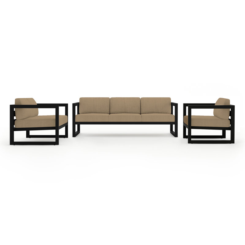 Avion 3 Piece Sofa Loveseat Set, Canvas Heather Beige Sunbrella® Canvas, Black