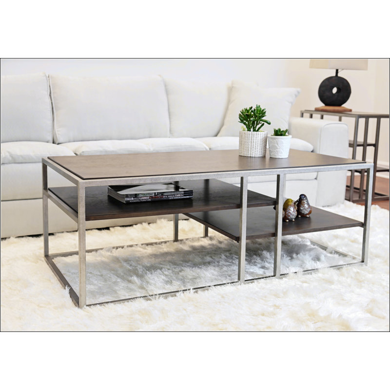 Stylish Metal Frame Wood Coffee Table With Shelves, Perfect For Modern And Contemporary Living Rooms.