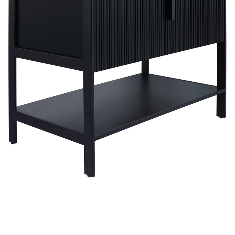 Meuble-lavabo moderne avec plateau en pierre Serenity, Noir mat / noir, 30", Pierre d'ingénierie noire