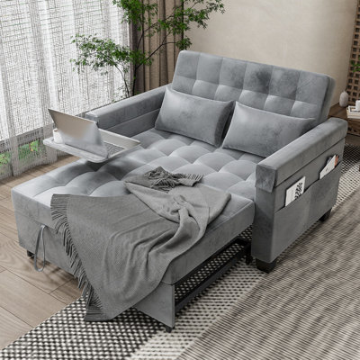 Canapé-lit de 38 po, canapé 3 en 1 avec lit escamotable, dossier réglable, coussins lombaires, table d'appoint cachée, poches latérales, futon convertible pour le salon, gris