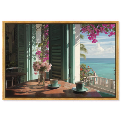 «Morning Coffee Ocean View», reproduction d'art sur toile encadrée par Art Remedy, cadre doré, 36 x 24