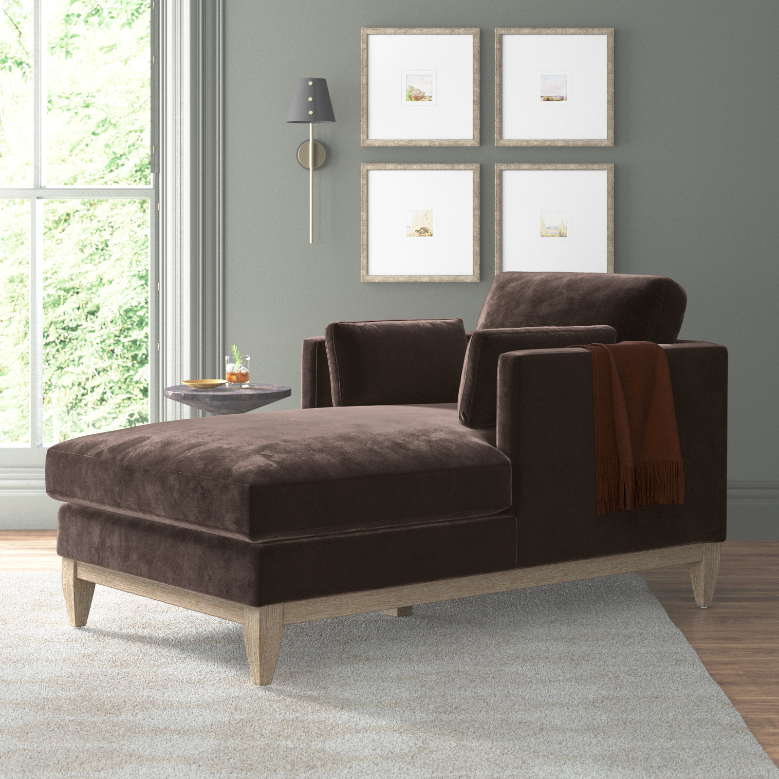Pera Upholstered Chaise Lounge, Deep Brown Velvet