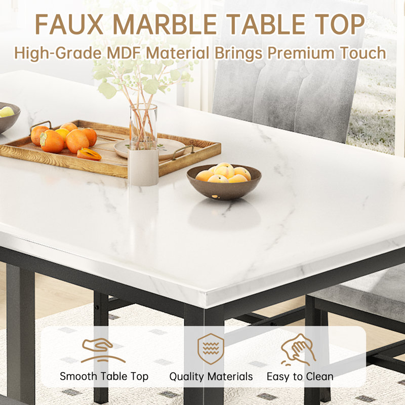 Modern Faux Marble Dining Table Set with Gray Velvet Chairs