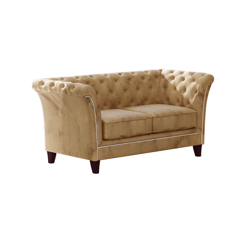 Chesterfield  Sofa 2 Seater Made of Velvet Fabric with Solid Wood Legs, Beige