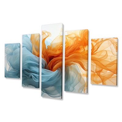 Encre liquide orange vif et turquoise III - formes abstraites, reproduction d'art sur toile - 5 panneaux