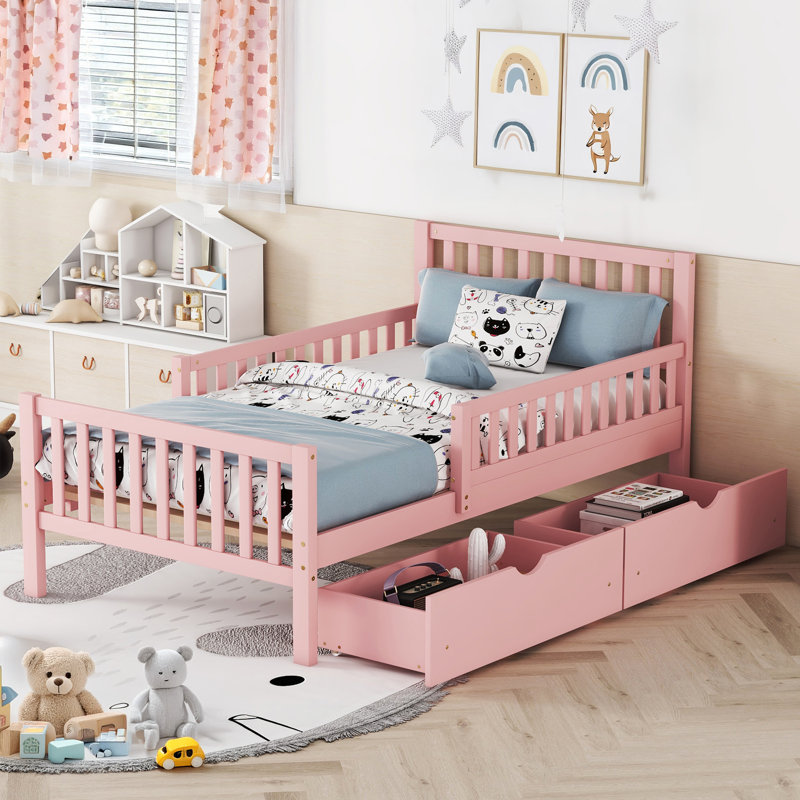 Lit plateforme pour enfants avec rails de sécurité et tiroirs de rangement Dreamhaven, Lit simple, Rose