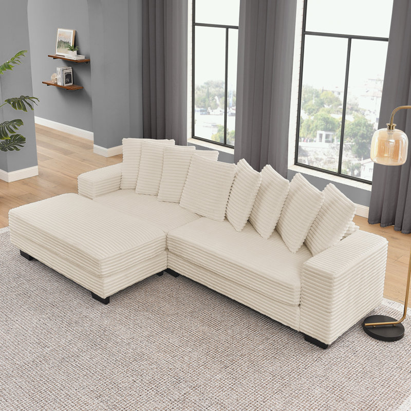 Canapé modulaire en L Corduroy avec coussins et repose-pieds, Velours côtelé beige