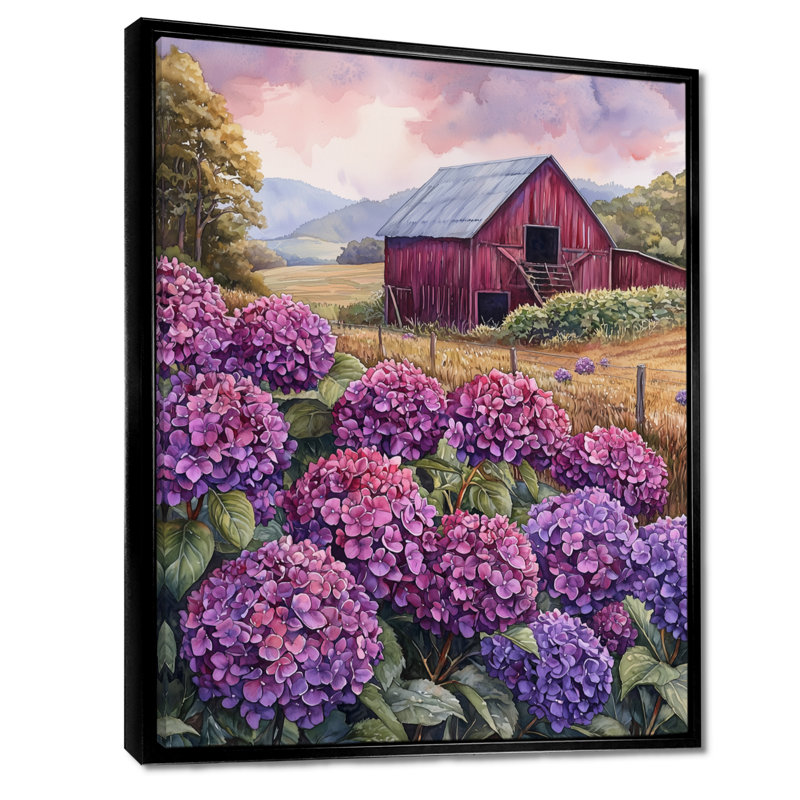 «Hydrangeas», art de toile sur toile de couleur lavande, H 32 po x l 24 po, Noir, Reproduction avec cadre flottant