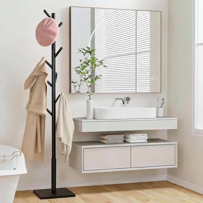 This Sturdy Black Floor-Standing Coat Rack Features A Solid Square Base And Eight Built-In Hooks. Easy To Assemble, It's Suitable For Bedrooms, Entryways, And Offices For Storing Coats And Hats.