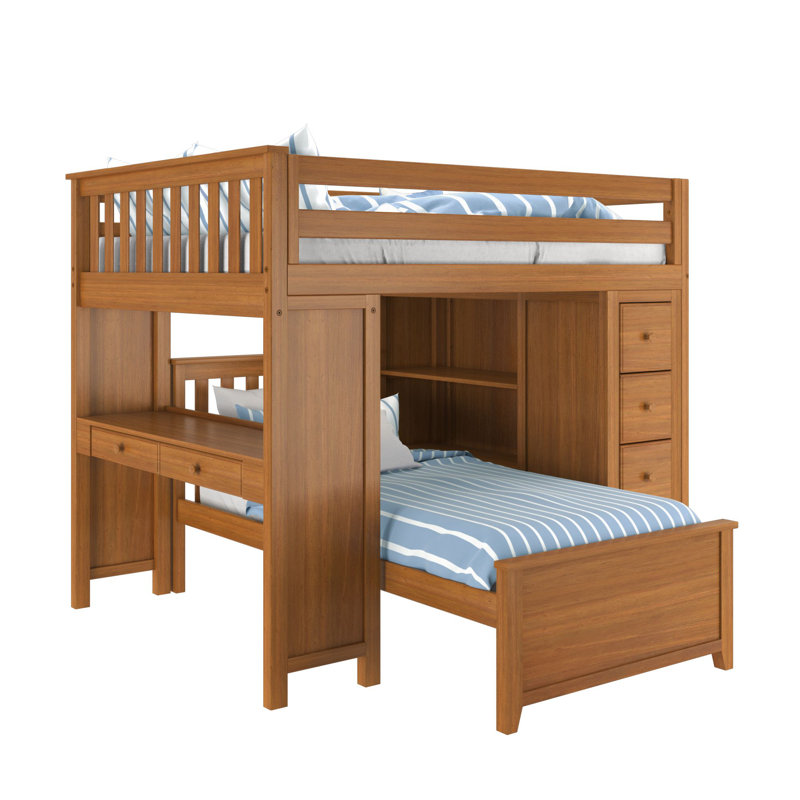 Tawanda Full Over Twin 10 Drawer Solid Wood L-Shaped Bunk Beds With Built-In-Desk, Pecan