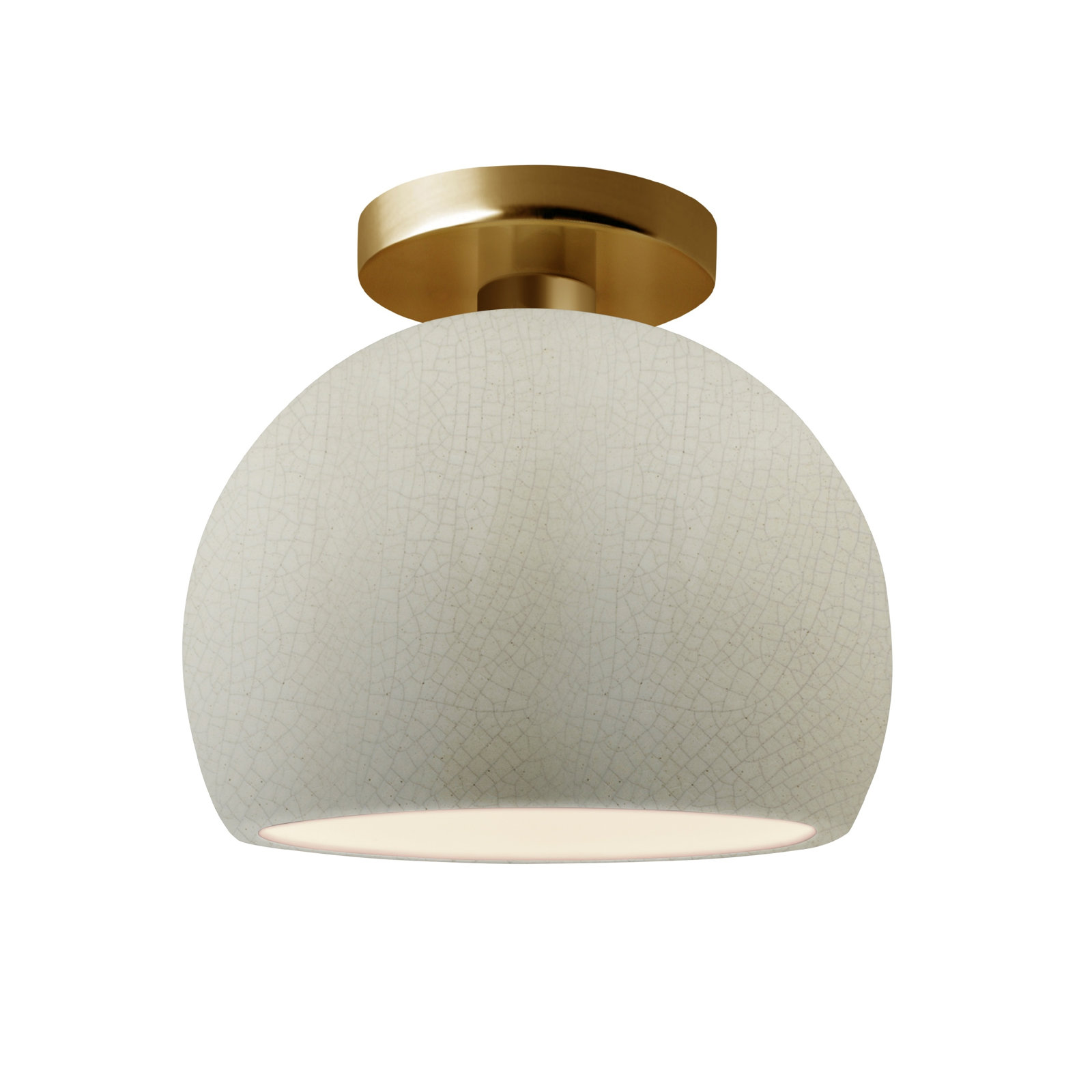 Single Light Ceramic LED Semi Flush Mount, 7" H x 7" W x 7" D, White Crackle, Brushed Brass
