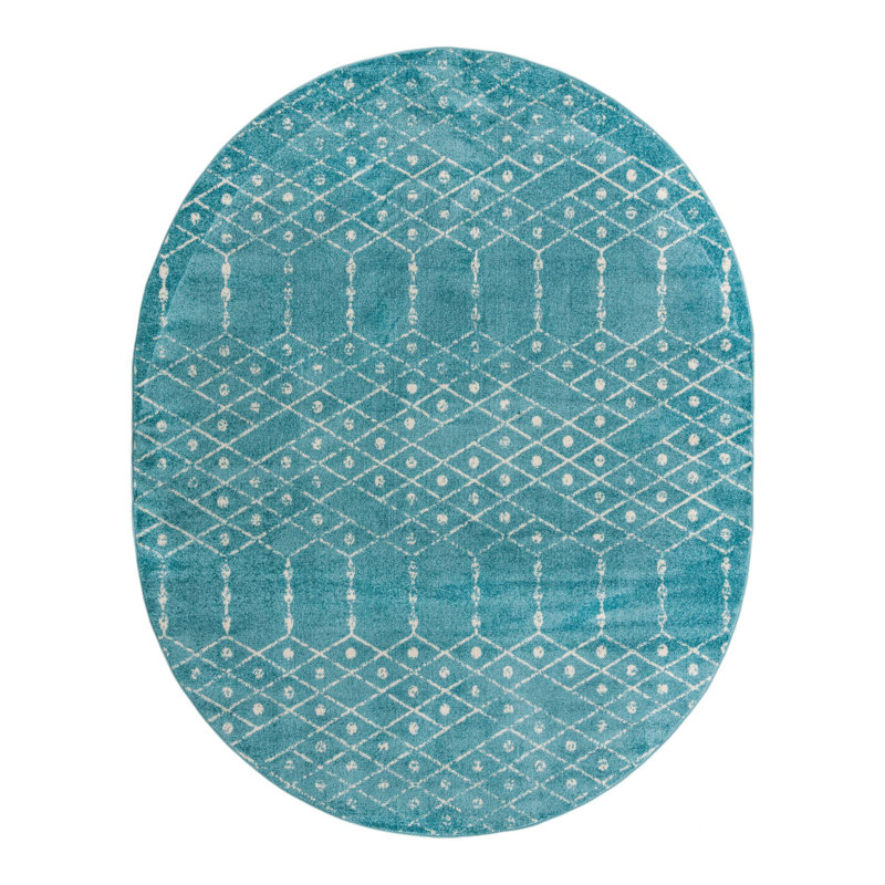 Sierra Geometric Area Rug, Oval 7'10" x 10', Teal Blue