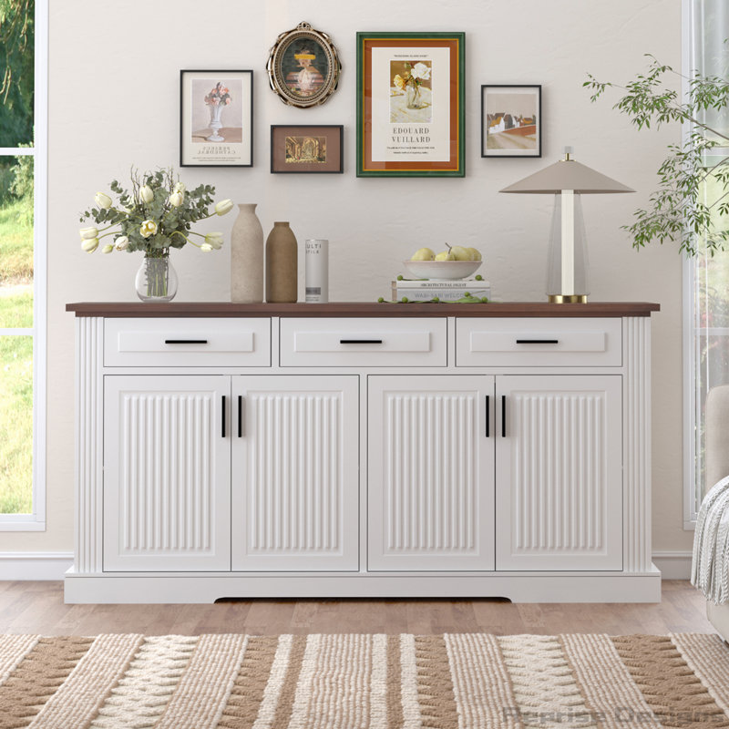 63" Farmhouse Sideboard Coffee Bar Station with 4 Doors and 3 Drawers, White