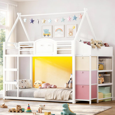 Loft bed with 3 Drawers and 2-Tier Bookshelf Kids Low Loft Bed with 2 Bedside Storage Boxes White